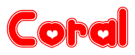 The image is a clipart featuring the word Coral written in a stylized font with a heart shape replacing inserted into the center of each letter. The color scheme of the text and hearts is red with a light outline.