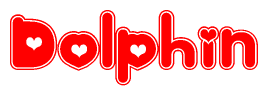 The image is a clipart featuring the word Dolphin written in a stylized font with a heart shape replacing inserted into the center of each letter. The color scheme of the text and hearts is red with a light outline.