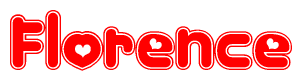 The image is a clipart featuring the word Florence written in a stylized font with a heart shape replacing inserted into the center of each letter. The color scheme of the text and hearts is red with a light outline.
