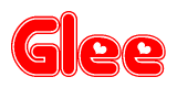 The image is a red and white graphic with the word Glee written in a decorative script. Each letter in  is contained within its own outlined bubble-like shape. Inside each letter, there is a white heart symbol.