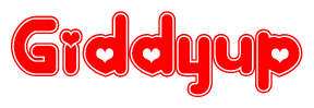 The image is a clipart featuring the word Giddyup written in a stylized font with a heart shape replacing inserted into the center of each letter. The color scheme of the text and hearts is red with a light outline.
