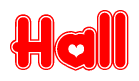 The image is a clipart featuring the word Hall written in a stylized font with a heart shape replacing inserted into the center of each letter. The color scheme of the text and hearts is red with a light outline.