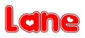 The image is a clipart featuring the word Lane written in a stylized font with a heart shape replacing inserted into the center of each letter. The color scheme of the text and hearts is red with a light outline.