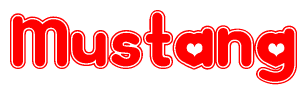 The image displays the word Mustang written in a stylized red font with hearts inside the letters.