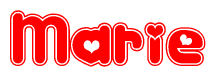 The image is a red and white graphic with the word Marie written in a decorative script. Each letter in  is contained within its own outlined bubble-like shape. Inside each letter, there is a white heart symbol.