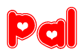 The image is a red and white graphic with the word Pal written in a decorative script. Each letter in  is contained within its own outlined bubble-like shape. Inside each letter, there is a white heart symbol.