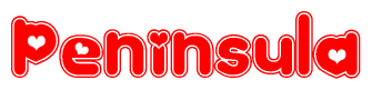 The image displays the word Peninsula written in a stylized red font with hearts inside the letters.