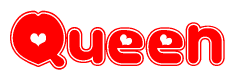 The image is a red and white graphic with the word Queen written in a decorative script. Each letter in  is contained within its own outlined bubble-like shape. Inside each letter, there is a white heart symbol.