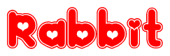 The image is a clipart featuring the word Rabbit written in a stylized font with a heart shape replacing inserted into the center of each letter. The color scheme of the text and hearts is red with a light outline.