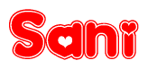 The image is a red and white graphic with the word Sani written in a decorative script. Each letter in  is contained within its own outlined bubble-like shape. Inside each letter, there is a white heart symbol.