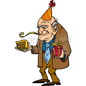 In the clipart image, there is an illustration of a senior man celebrating what appears to be his birthday or a special occasion. He is wearing a party hat and has a festive party blower in his mouth. The man is holding a slice of birthday cake on his left hand and a wrapped gift or present with a bow in his right hand. He is wearing a suit jacket and tie, with a cheerful expression on his face.