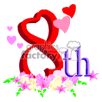 The clipart image features a stylized number 8 in red with hearts integrated into its design, followed by the letters th in purple, indicating an ordinal number (eighth). Surrounding the number are small pink hearts of varying sizes and a cluster of flowers at the bottom. The overall design suggests a celebration or acknowledgment of an eighth anniversary or a monthly milestone.