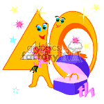 The clipart image depicts a cheerful celebration theme for a 40th birthday. It features two anthropomorphized numbers, 4 and 0, with the 4 holding a bouquet of flowers, and the 0 holding a ring box with a pearl ring inside it. Both numbers have faces, arms, and legs, suggesting a lively, celebratory demeanor. The background is adorned with sparkles and stars, enhancing the festive mood. Above the pearl ring, the word th is included, completing the phrase 40th.