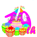 The clipart image depicts a celebration for a 70th birthday. There is a large pink number 70 decorated with a birthday hat and confetti. In the foreground, there's a multi-tiered birthday cake with candles on the top. Additionally, two brightly colored gifts are visible, one decorated with a red ribbon and the other with a yellow ribbon.