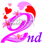 The clipart image shows a decorative number 2 with the suffix nd placed next to it, indicating second. The number is stylized with pink and red tones and adorned with hearts and flowers, which suggests a celebratory theme, like a second birthday or anniversary.