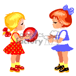 This clipart image depicts two cartoon children, likely girls, facing each other. The child on the left is dressed in a red and yellow polka dot dress with a red bow in her hair and is holding a red and blue striped ball. The child on the right is wearing a blue dress with a blue bow in her hair and yellow shoes. Both characters have a vintage, animated style.