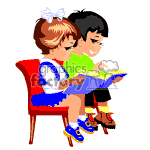 The clipart image shows two children sitting on a red chair reading a book together. The child on the left appears to be a girl with a bow in her hair, wearing a blue skirt, and the child on the right appears to be a boy in a green shirt.