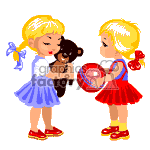 The clipart image features two animated young girls, one holding a teddy bear and the other holding a ball. Both are dressed in colorful dresses and shoes with bows in their hair.