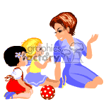 This clipart image depicts a woman and two children. The woman appears to be sitting and interacting playfully with the children. There is a red ball with white spots in front of them, suggesting they may be playing a game. The characters are illustrated in a cartoon style.