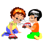 This clipart image depicts two animated children playing with toy cars. One child has curly red hair and is wearing a yellow shirt with blue pants, and the other child has black hair and is wearing an orange shirt with green pants. They both appear to be sitting on the ground engaging with their toys.