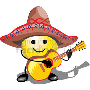 The image is a fun, cartoon-style clipart that features a smiling face, also known as a smiley, wearing a large sombrero decorated with a colorful pattern. The smiley is also holding and playing a classic acoustic guitar, indicative of a mariachi musician. This character is depicted as if it's engaged in a festive celebration, which is in line with the theme typically associated with Cinco de Mayo, a holiday that celebrates Mexican heritage and culture on the 5th of May. The image connotes a sense of happiness and festivity commonly associated with a fiesta. The ground is shown by the subtle shadow under the smiley's feet, giving the impression that it stands on a surface.