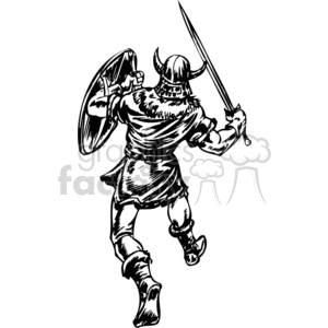 This clipart image depicts a Viking warrior in a dynamic pose, ready for battle. The warrior is wearing a horned helmet, which, although historically inaccurate as Viking helmets typically didn't have horns, is a common mythological symbol often used in modern media to depict Vikings. He is holding a round shield in his left hand and wielding a long sword with his right hand. The image captures the essence of Viking strength and combat readiness.