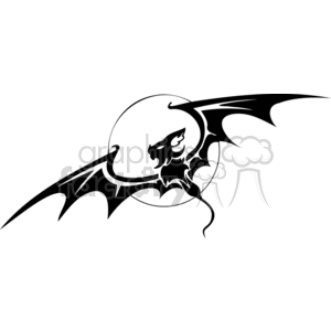 The image is a black and white clipart illustration that features a stylized bat in flight in front of a full moon. The bat is depicted with extended wings that show a detailed wing structure, and it has a somewhat menacing or mysterious facial expression which adds to the spooky theme. The lines are clean and bold, making this image suitable for vinyl cutting or similar purposes where clear, simple designs are required.