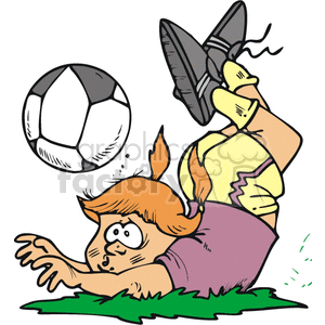 Girl soccer player tripping over the ball.