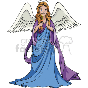The clipart image features an angel with large white wings and a halo over her head. She has long blonde hair and is wearing a flowing blue and purple robe. The angel is holding a lit candle in her hands. The image conveys a sense of peace and tranquility often associated with religious or Christmas themes.