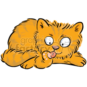 The image is a clipart of a cute orange kitten with prominent whiskers and large, wide eyes. The kitten appears to be licking its paw while its tail wraps around the body.
