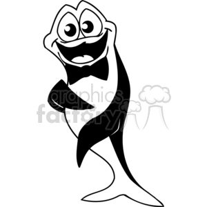 The image is a black and white clipart featuring a cartoonish, anthropomorphic fish standing upright. The fish has a big, friendly smile, exaggerated googly eyes, and is wearing a bow tie, suggesting it's dressed as a waiter or in a formal serving role. The fish has its fins crossed over its chest in a casual, confident pose.