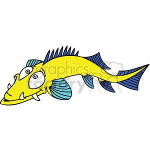 The clipart image shows a stylized cartoon fish characterized by a playful and exaggerated design. The fish is predominantly yellow with blue fins and tail, and it has prominent, bulging eyes adding to its cartoonish appeal. Its mouth is open, displaying two small, white teeth.