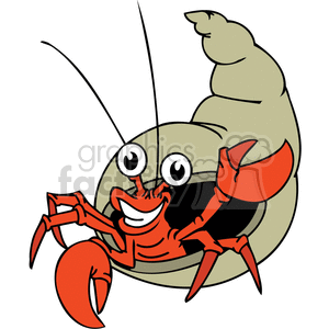 The image is a cartoon clipart featuring a comic illustration of a red crab with large, exaggerated eyes and a big smile. The crab seems to be insidiously happy, with its claws raised as if greeting or gesturing. Its body is a deep red and it's superimposed on a sort of tan or light brown swirl, which could be interpreted as sand or a simplified version of a shell or the sea bed.