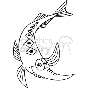 This clipart image contains a stylized fish design with notable features such as an enlarged, curved nose or snout that gives it a whimsical appearance, patterns along its body resembling scales, fins, and a tail. The fish has large, cartoonish eyes which add to its playful character.