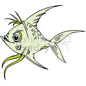 The image depicts a whimsical cartoon fish characterized by a comical expression. The fish has big, round eyes with pronounced eyelashes, a funny smile showing teeth, a prominent top fin with a tuft of hair-like spikes, and fluid, wavy tail fins. It seems to be floating or swimming happily in an undefined space.