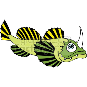The clipart image shows a stylized, cartoonish fish with exaggerated features that give it a comical appearance. The fish is predominantly green with black stripes on its fins and tail. It has a large, bulging white eye with a blue iris, lending it a surprised or goofy expression. The fish's mouth is open, showing teeth, and it has a long, pointy white horn on its forehead.
