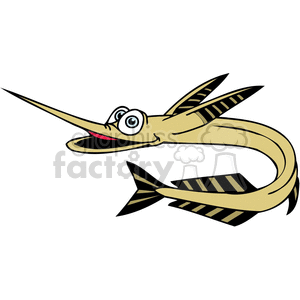 The clipart image depicts a comically styled long-bodied fish with a pointed snout, which gives the impression of an eel or a swordfish, depending on one's interpretation. It has exaggerated features such as large, googly eyes and a wide open mouth with a visible tongue, stylized stripes along its body, and a playful expression.