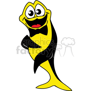 This clipart image features a cartoon-styled, anthropomorphic, yellow fish with black markings, wearing a bow tie. It has large, bulging white eyes with black pupils and a big, happy smile showcasing a red tongue, giving the fish a funny and friendly appearance.