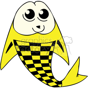 This clipart image depicts a stylized yellow fish with a checkerboard pattern on its body. The fish has a cartoonish face with large, round eyes and a smiling mouth.