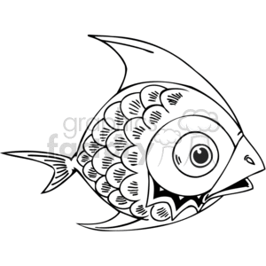 This image is a black and white line art illustration of a stylized, cartoonish fish that somewhat resembles a parrotfish. It has a large, prominent eye and a mouth that is curved into a quirky, exaggerated smile, giving it a humorous expression. The scales are drawn as a series of overlapping circles, adding to the playful design. The fish has a large dorsal fin and a sharp-edged tail typical of many fish illustrations.