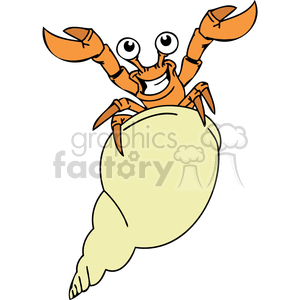 This clipart image depicts a smiling hermit crab with an oversized shell that resembles the shape of a snail's shell. The hermit crab has large claws raised as if it's in a happy or triumphant stance, and its eyes are wide and engaging, giving the character a comical appearance.