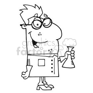 The clipart image features a cartoon of a funny character who appears to be a scientist or a lab technician. The character is holding a flask and wearing glasses, a lab coat with a pocket, buttons, and a patch, and shoes. He has a goofy expression and freckles on his cheeks.