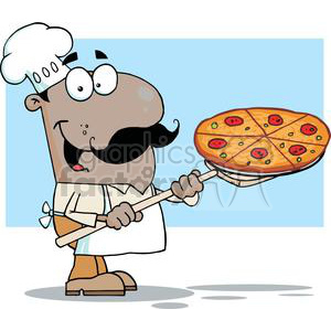 Fast Food African American Proud Chef Inserting A Pepperoni Pizza