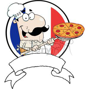 A Banner of A Pleased Chef Inserting A Pepperoni Pizza In Front Of Flag Of France