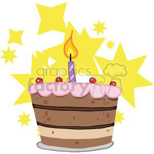 The clipart image shows a cartoon birthday cake with one lit candle and stars. It is likely designed for use in party or celebration-related contexts, particularly for first birthday parties or events. The image is created using vector graphics, allowing it to be easily scalable without losing quality.