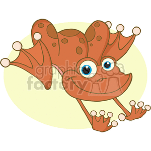 This is a colorful and whimsical clipart image of a cartoon frog. The frog has a comical appearance, characterized by its exaggerated features: large, expressive blue eyes, a wide, smiling mouth, and a quirky, bulbous structure suggesting a crown-like shape on its head. It is predominantly brown with darker brown spots all over its body, and its limbs are outspread in a playful manner. The frog appears to be floating or jumping against a soft, pale yellow circular backdrop, which could represent the moon, sun, or simply a decorative element.