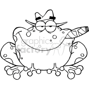 The image is a black and white clipart graphic depicting a cartoon-style frog with a humorous and slightly edgy appearance. This frog has a confident expression, wears a gangster-style fedora hat, and is smoking a cigar. The frog's posture is relaxed with its arms crossed, adding to its gangster-like demeanor. The image plays with the concept of a frog having a tough, mobster-like persona.
