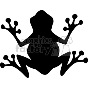This clipart image features a stylized silhouette of a frog. It is depicted with an exaggerated shape, showing the frog with its legs spread out and toes extended, which is characteristic of its powerful jumping ability. The silhouette is bold and simple, which makes it suitable for vinyl cutting and various graphic design uses.