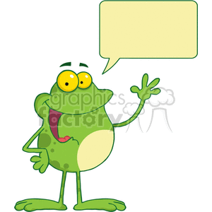 The image features a cartoon frog standing upright, with a funny and playful expression. The frog has big, round yellow eyes, an open mouth with a visible tongue, and one hand raised as if it’s speaking or gesturing. There is an empty speech bubble above the frog, indicating that it could be filled with text to make the frog say something. The cartoon style is simplistic and colorful, typical of clipart designed for a lighthearted or humorous context.