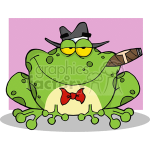 The clipart image features a comically styled frog with anthropomorphic traits. This cartoon frog is depicted with a wide grin, wearing a black fedora hat and sunglasses, which gives it a 'gangster' appearance. It has one hand on its hip and holds a cigar on the side of its mouth, contributing to its 'tough' persona. The frog's belly has a distinctive lighter color with a whimsical red bowtie. The background suggests a simple interior with a purple wall.
